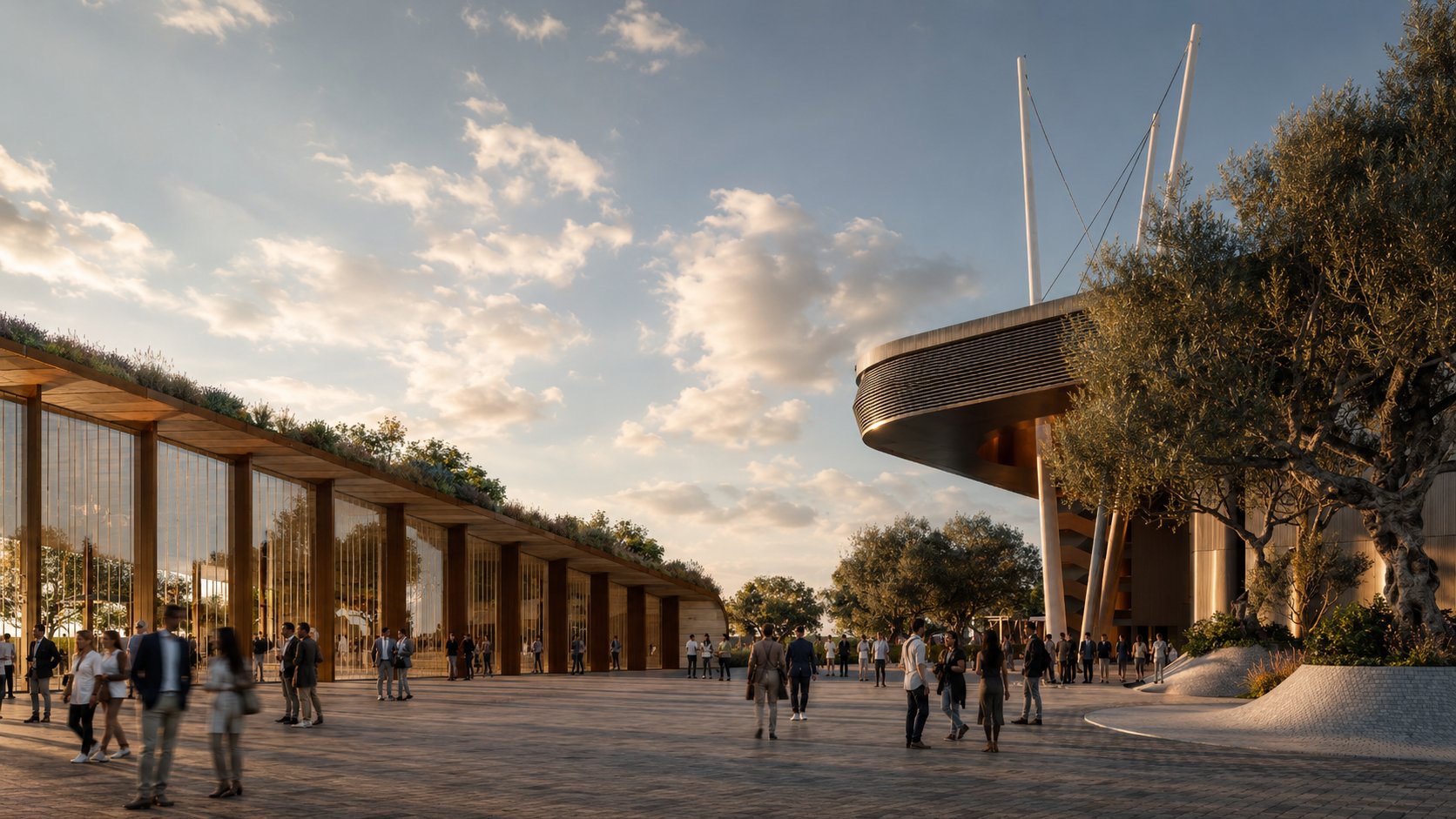 the office — the curved facade, golden light